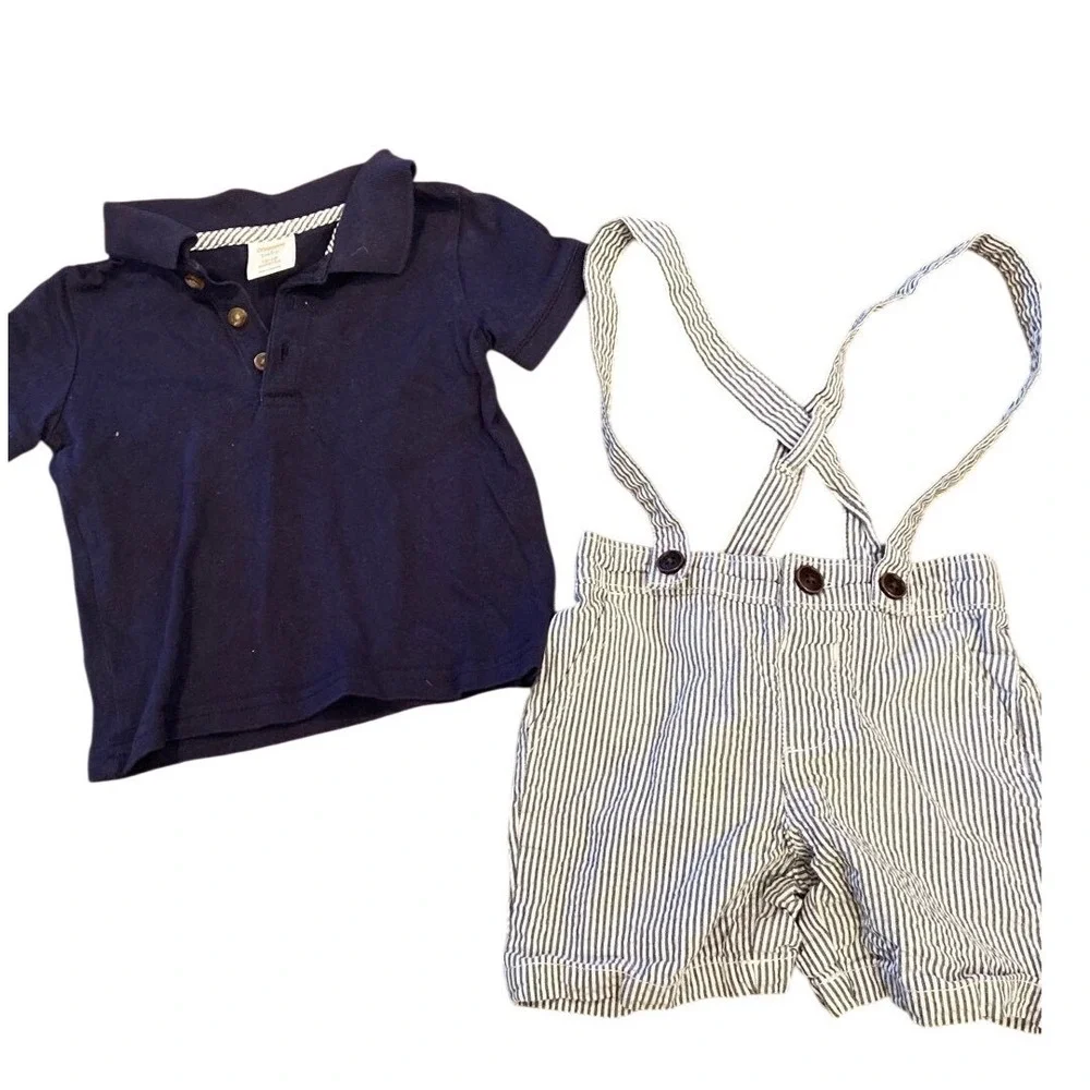 Adorable gymboree seersucker blue suspenders 12-18 mos set polo top‎ heritage